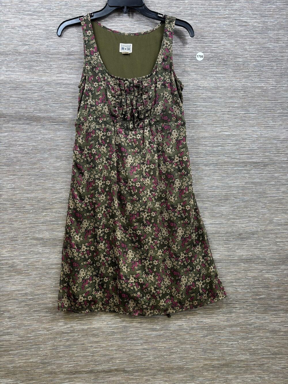 Converse One Star Floral Shift Sundress Womens Size XS Green Sleeveless Tie Back